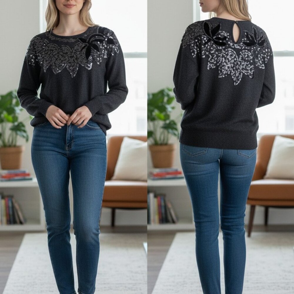 Vintage Christina 1980s angora‎ sweater with sequin beaded detail size Medium